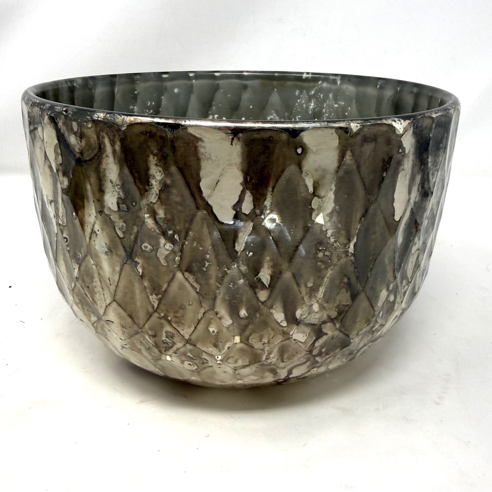 Terrain Anthropologie Barfi Diamond Mercury Glass Decorative Bowl Silver Smoke